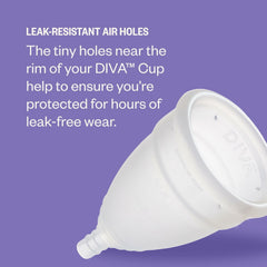 DivaCup Model 2 shows leak-resistant air holes for a secure seal during wear.