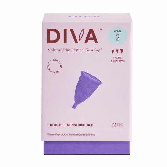 DivaCup Model 2 silicone cup image highlights silicone material and reusable design for long wear.