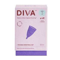 DivaCup Model 2 silicone cup image highlights silicone material and reusable design for long wear.