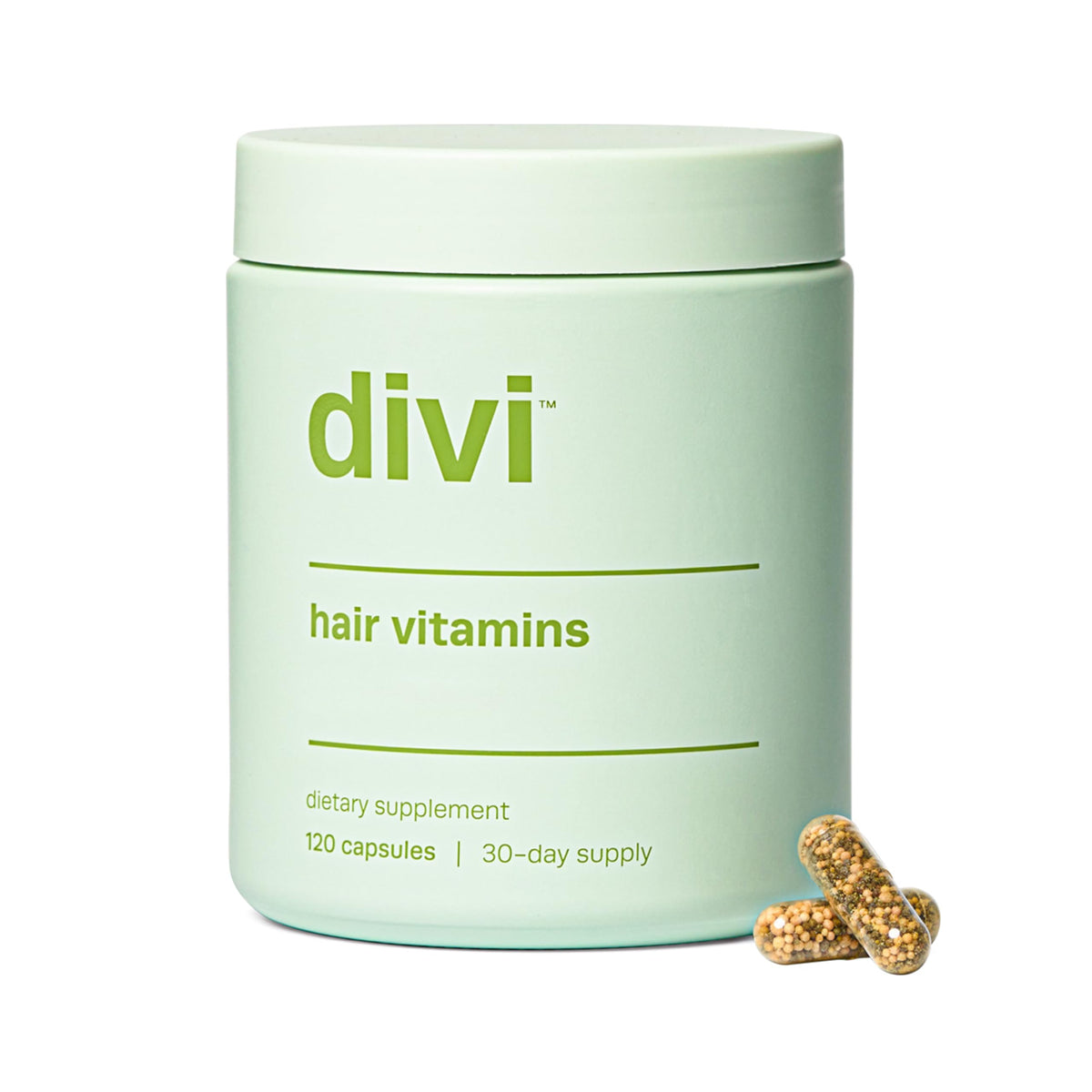 Divi Hair Vitamins bottle and capsules on white background