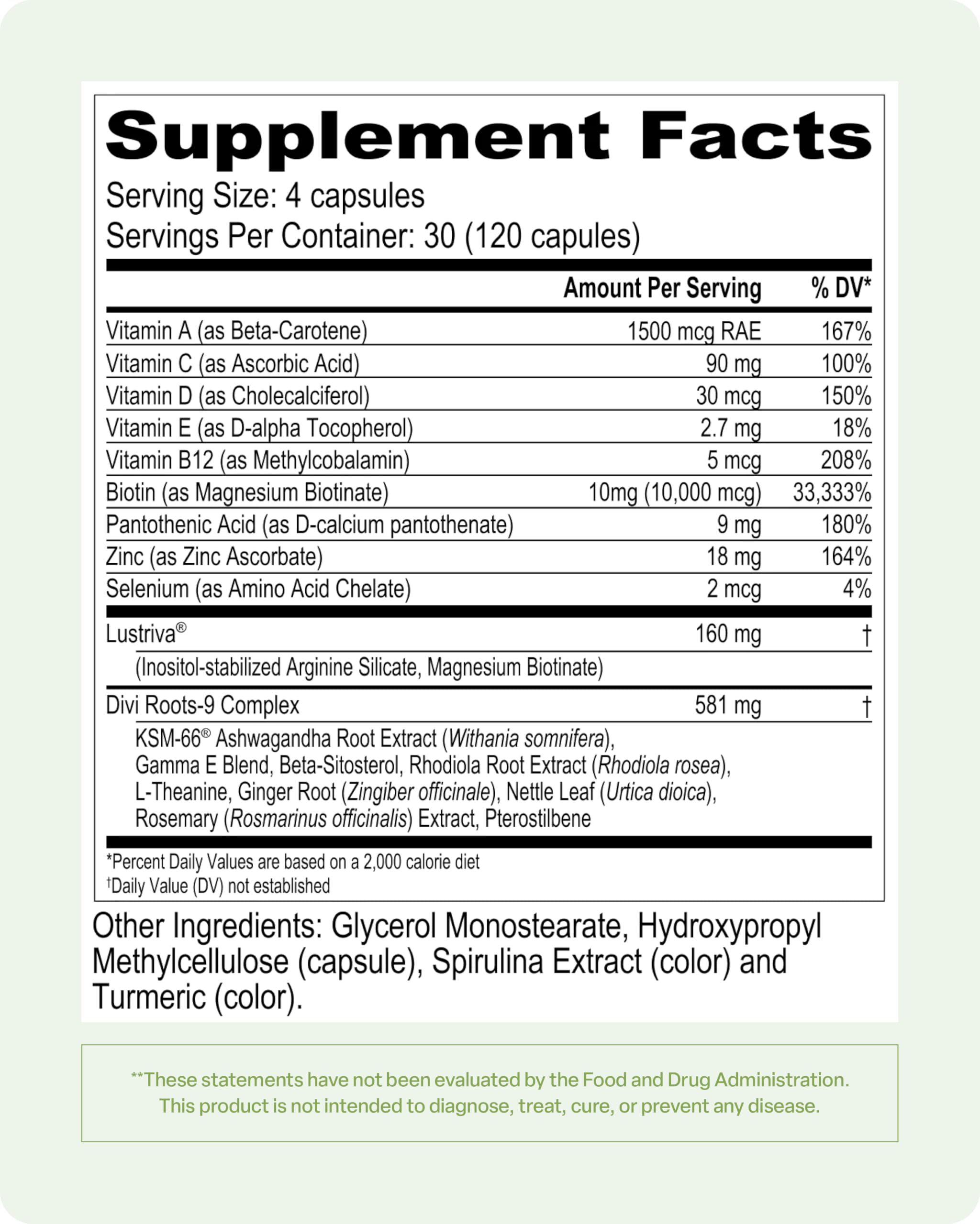 Divi Hair Vitamins ingredient icons emphasize Arginine Silicate and Magnesium Biotinate.