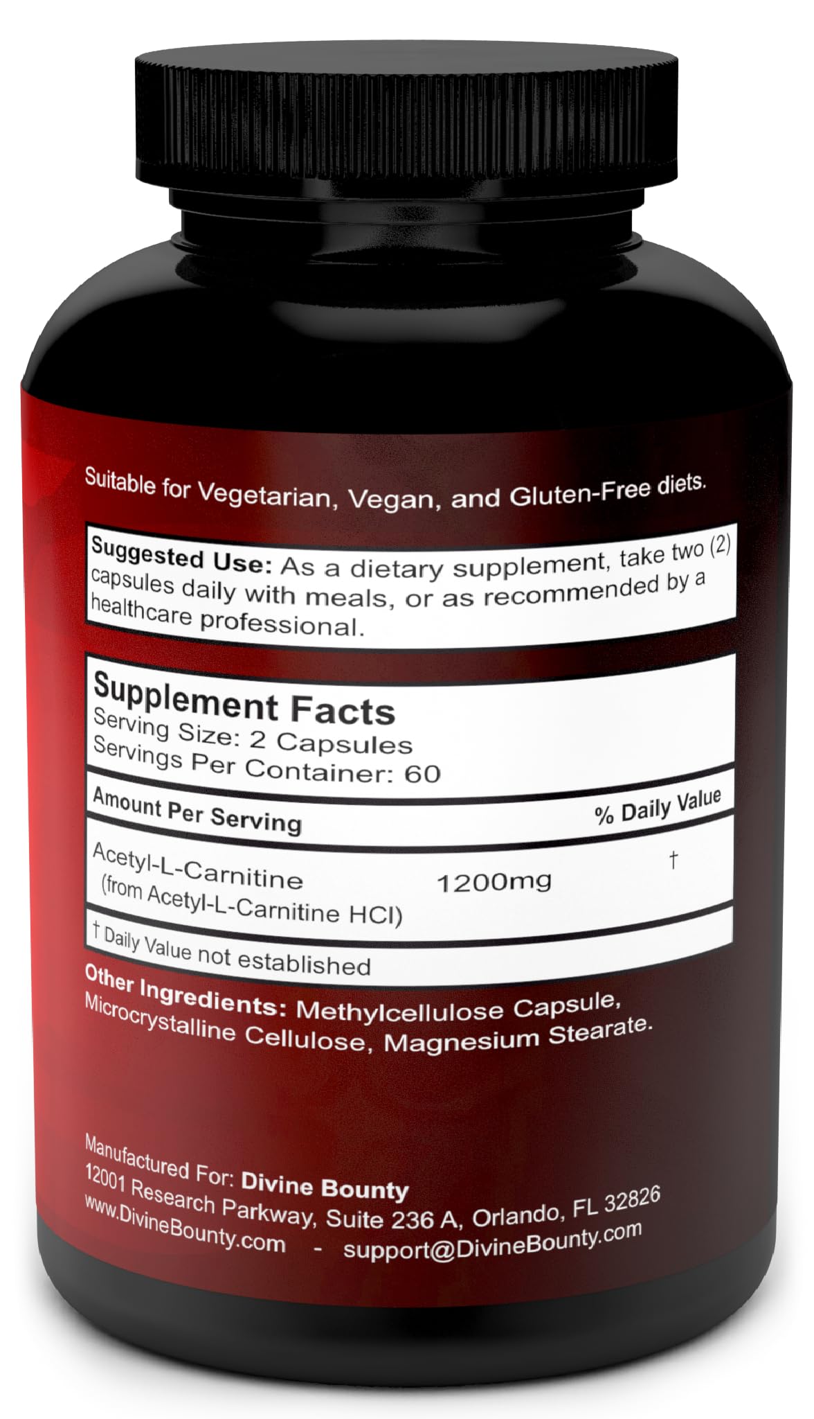 Two capsules per serving providing 1200mg Acetyl L-Carnitine