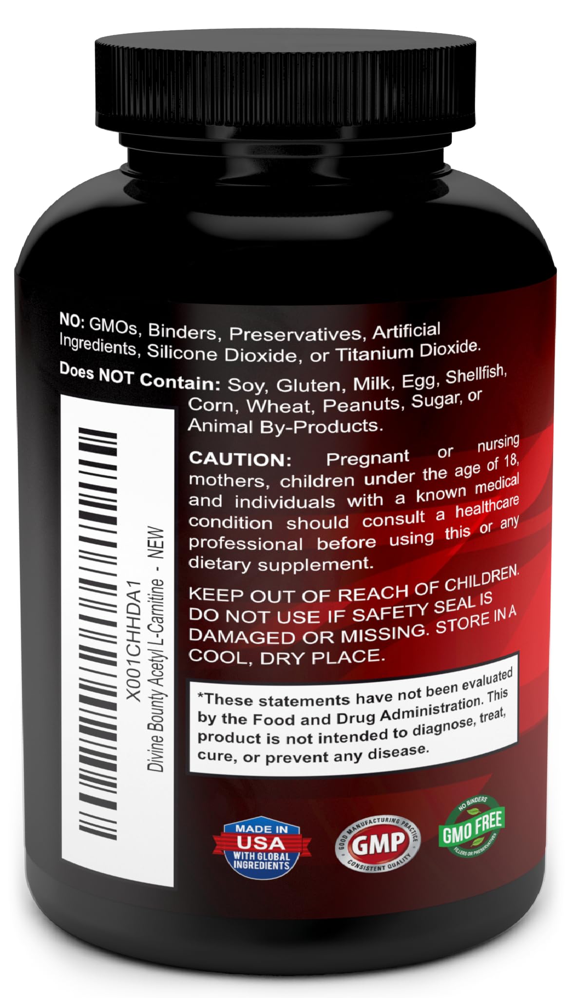 USA-made, GMO-free, soy-free, gluten-free label