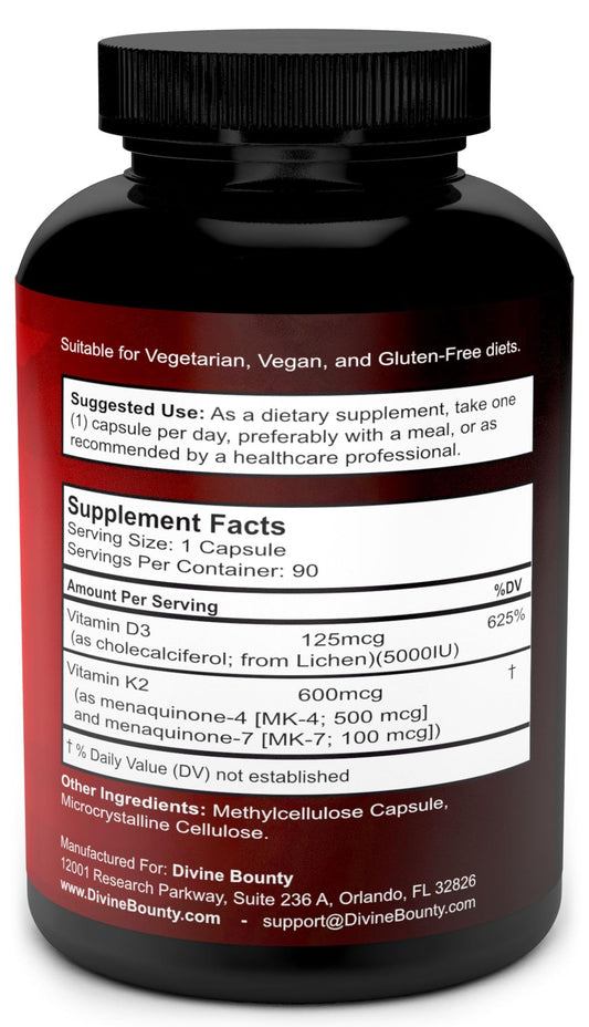 Close-up of capsules representing MK-4, MK-7 and Vitamin D3 in the Divine Bounty formula