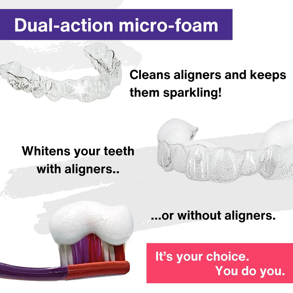 Whitening foam removing stains from teeth and aligners