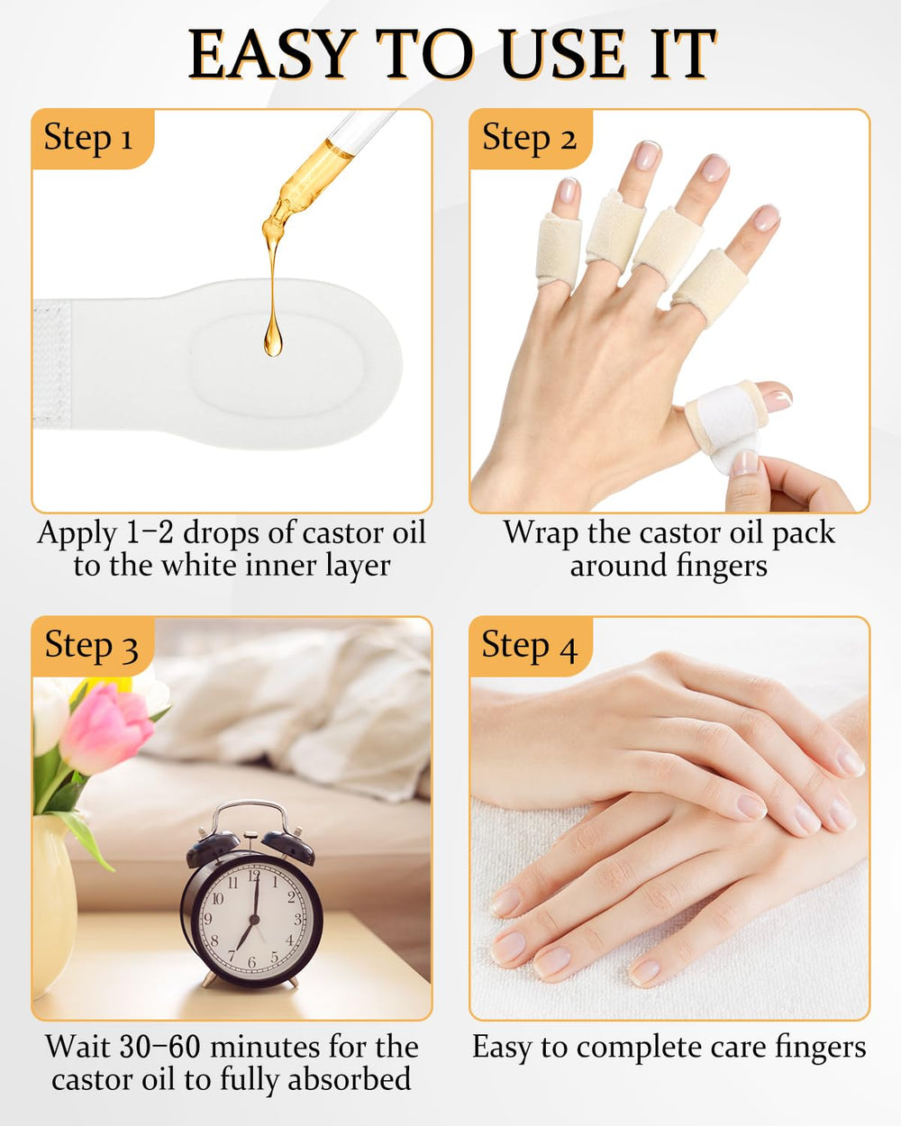 Washable and reusable castor oil finger wraps
