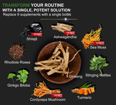 Ashwagandha, Sea Moss and Turmeric in capsules