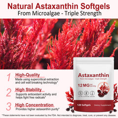 DLOMFVFQ astaxanthin softgel 12mg capsule closeup shows easy-to-swallow design.