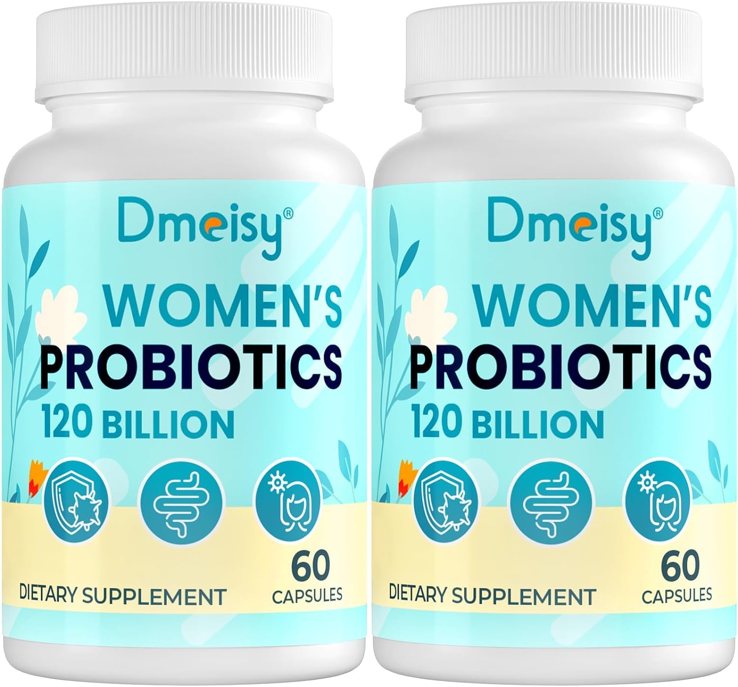 Dmeisy 120 Billion CFU probiotic bottle shows gut health support.
