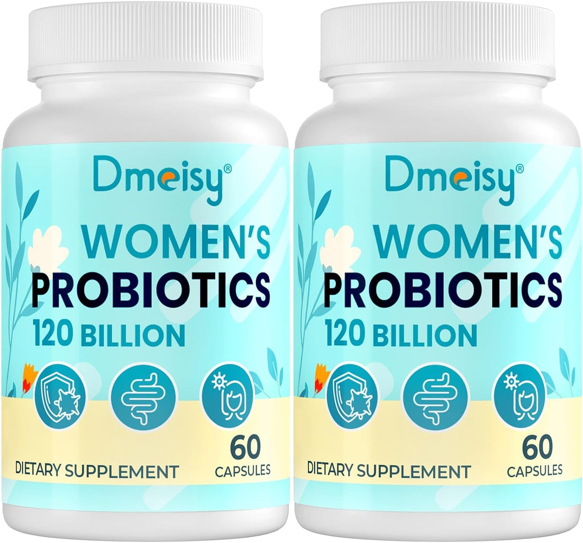 Dmeisy 120 Billion CFU probiotic bottle shows gut health support.