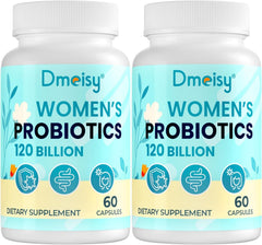 Dmeisy 120 Billion CFU probiotic bottle shows gut health support.