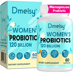 Dmeisy menopause probiotic bottle showing high CFU support for gut balance.