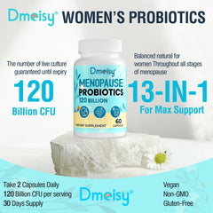Dmeisy menopause probiotic label close-up indicating vegan and shelf-stable features.