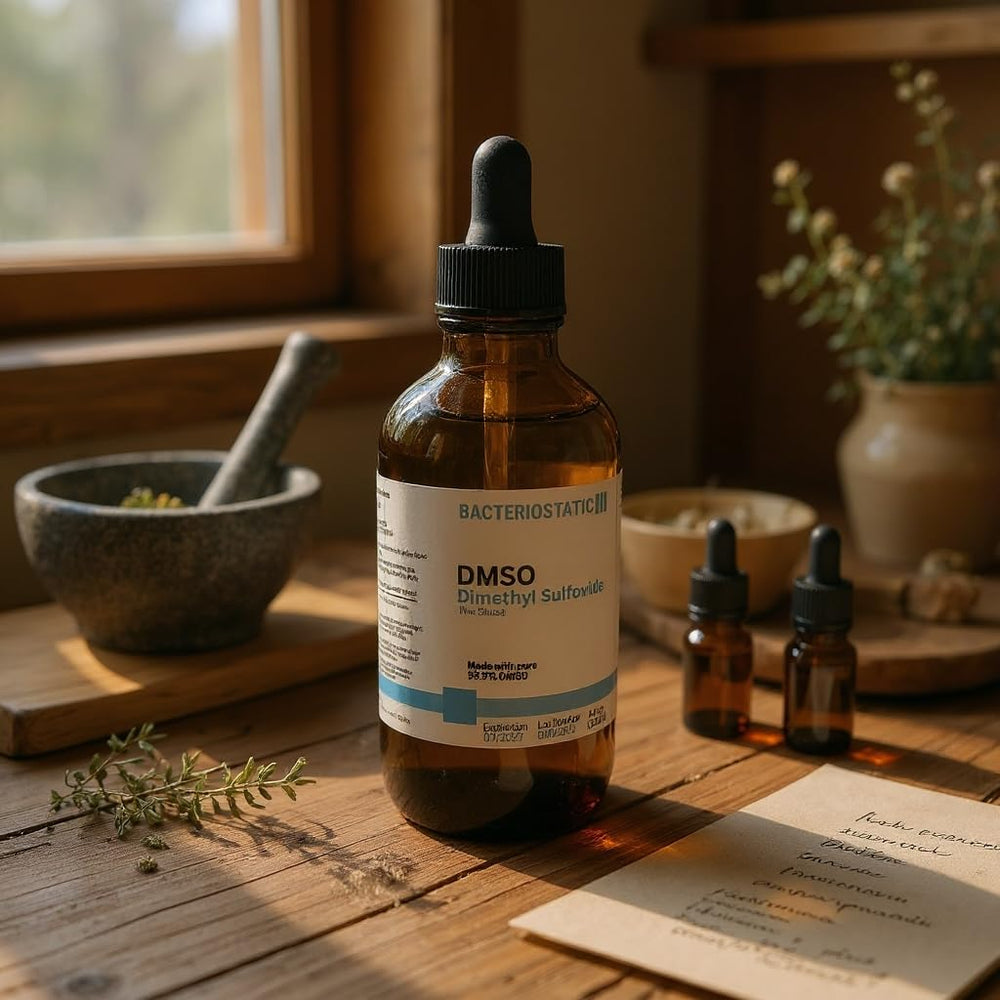 Close-up of DMSO 4 fl oz bottle label