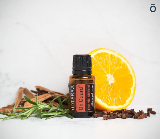 Back label close-up of doTERRA On Guard 15 ml bottle
