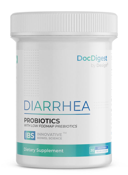 DocDigest by Design IBS anti-diarrheal probiotic bottle for daily comfort.