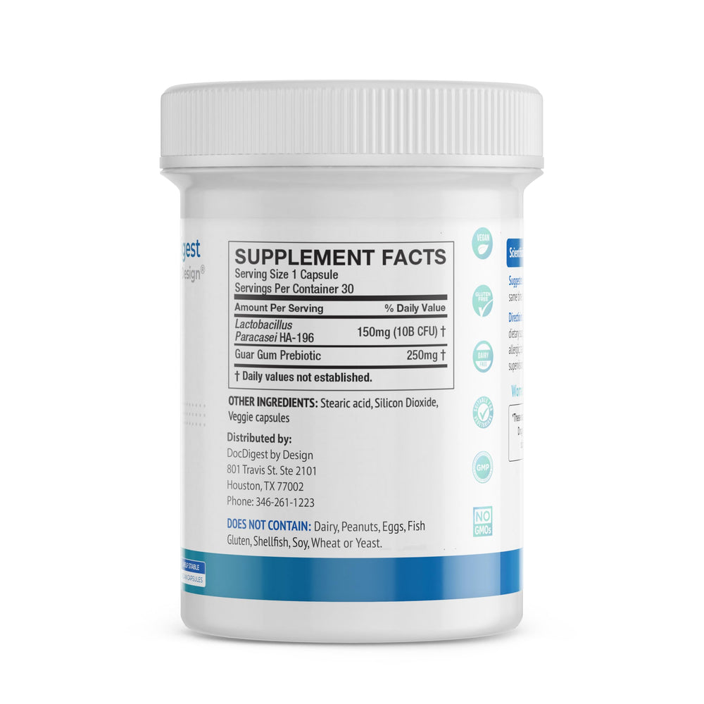 DocDigest by Design probiotic tablets close-up showing capsule for steady digestion.