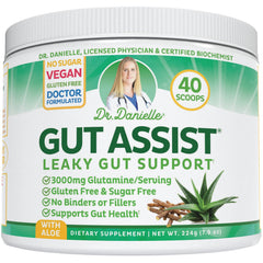 Doctor Danielle Gut Assist powder container showing Leaky Gut Repair formula