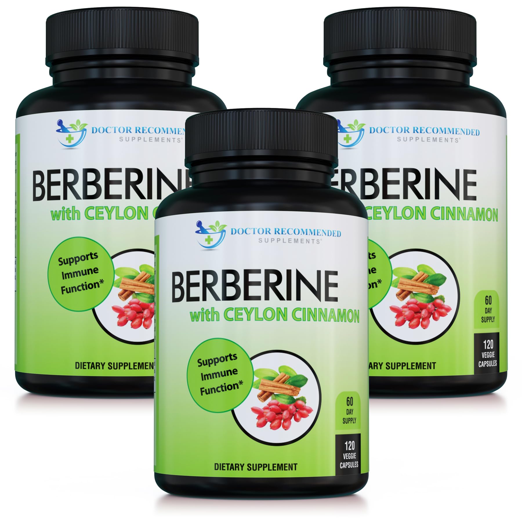 Front bottle of Doctor Recommended Berberine with Ceylon Cinnamon, 1200mg, 120 veggie capsules