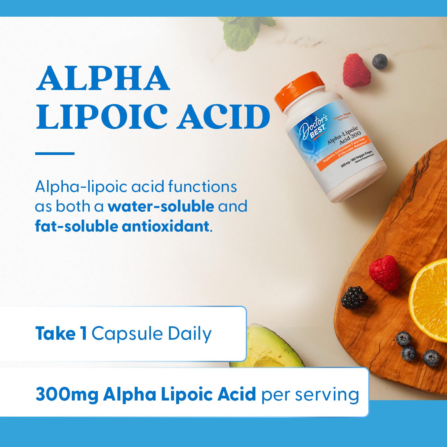Alpha-Lipoic Acid 300 mg capsules on white background