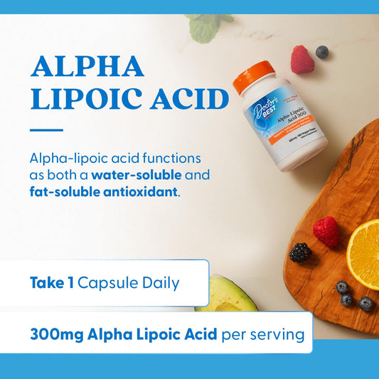 Alpha-Lipoic Acid 300 mg capsules on white background