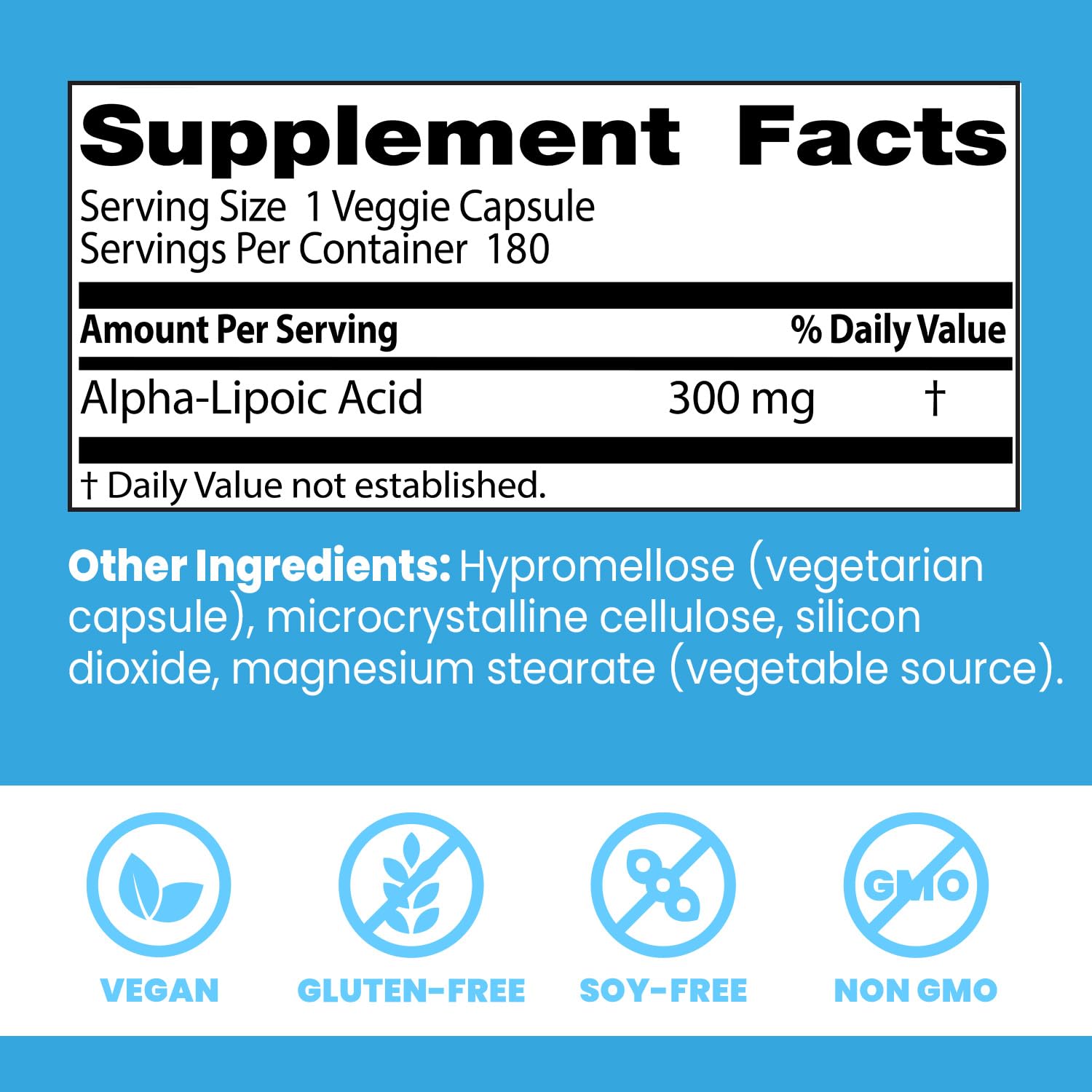 Gluten-free vegan non-GMO icons beside bottle