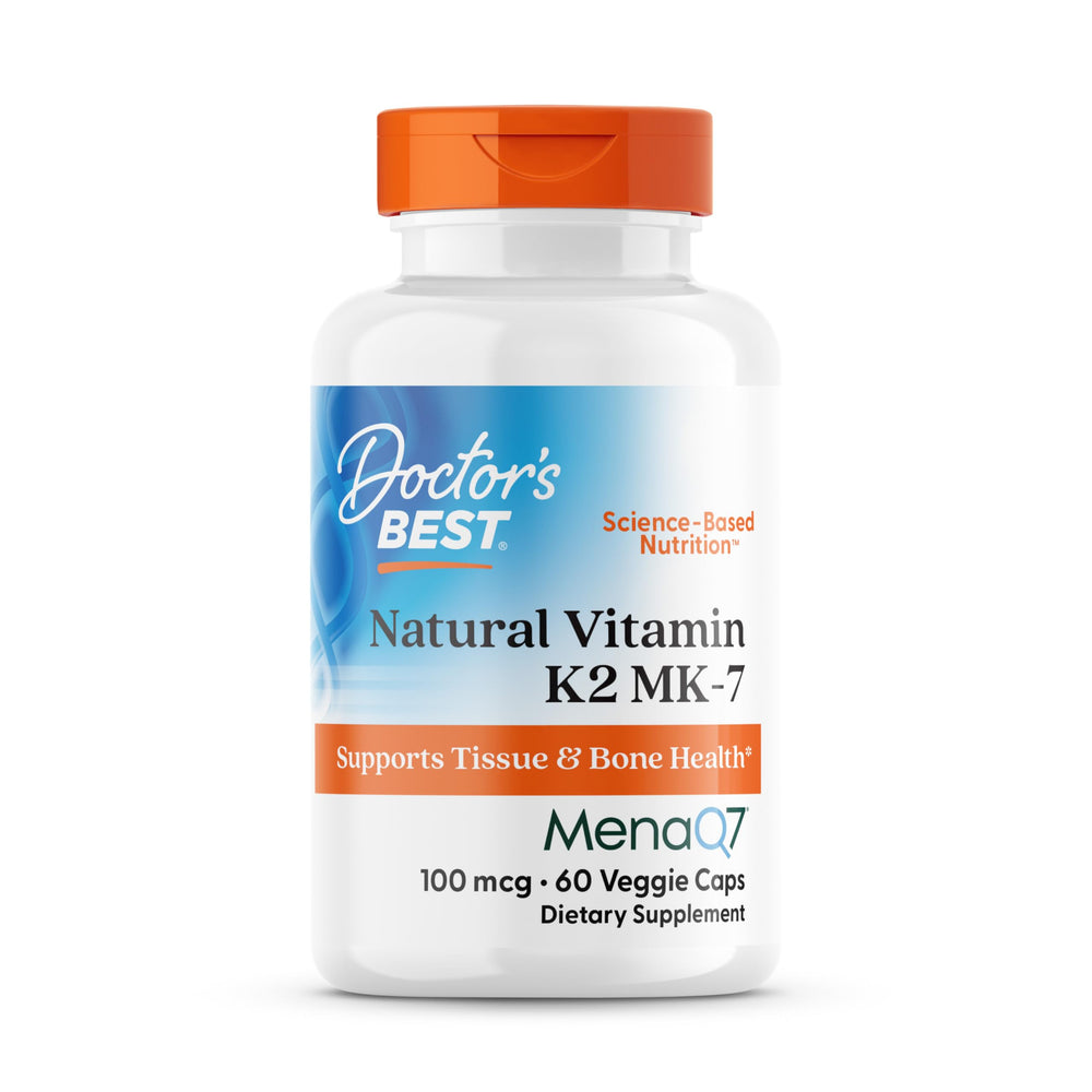 Front view of Doctor's Best Vitamin K2 MK-7 with MenaQ7 bottle, 60 veggie capsules