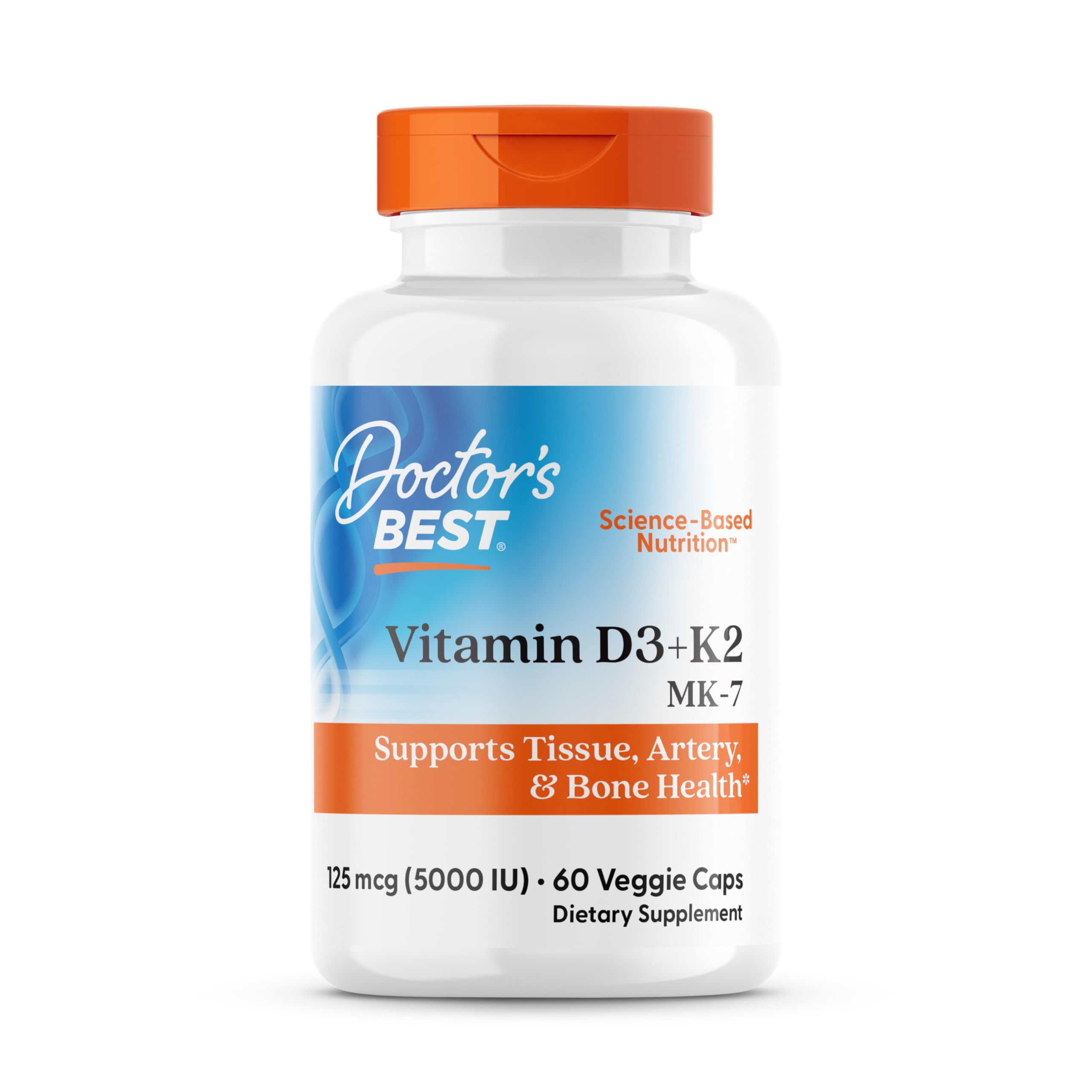 Front view of Doctor's Best Vitamin D3 + K2 bottle with 60 veggie caps