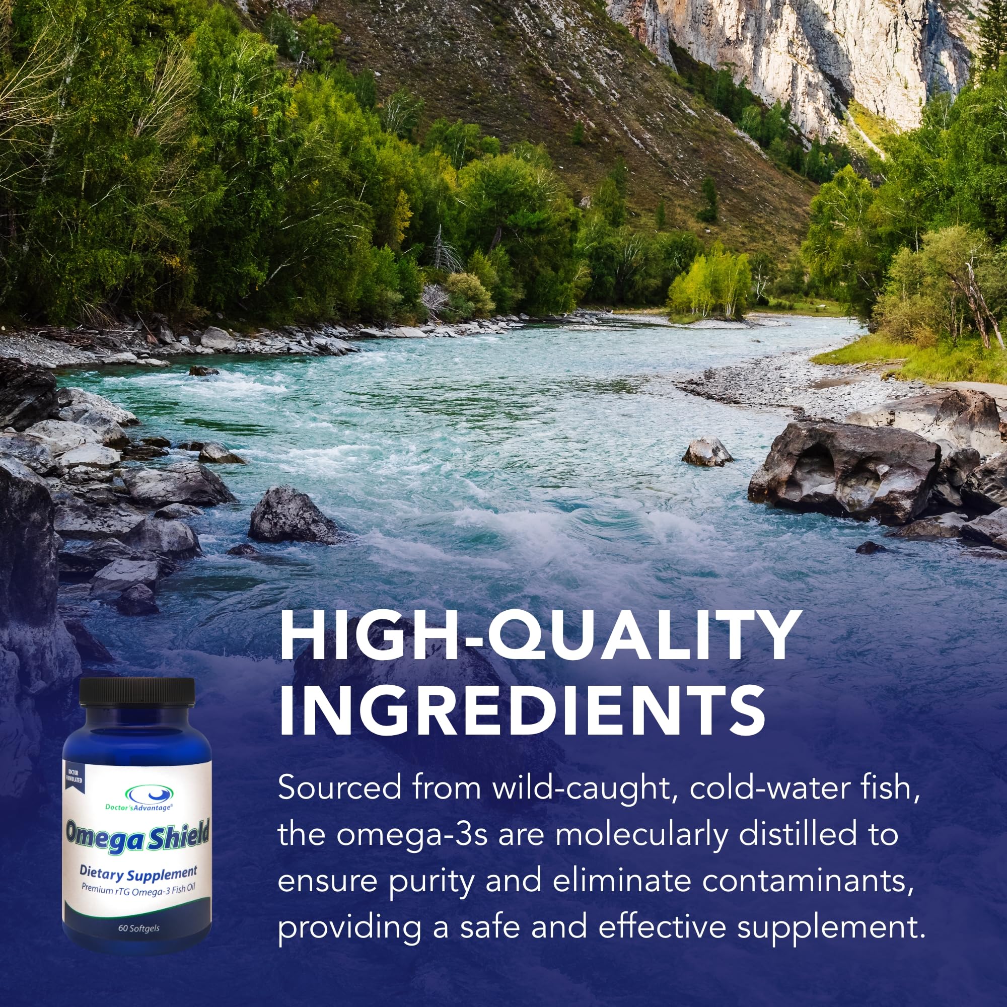 Close-up of Omega Shield softgels highlighting triglyceride omega-3 for absorption