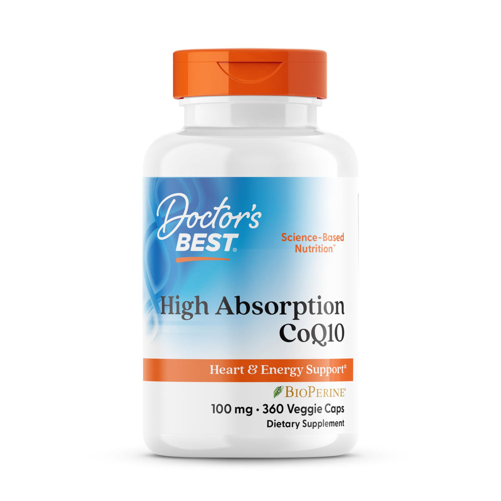 Doctor's Best CoQ10 bottle with 360 vegan capsules for heart and energy support.