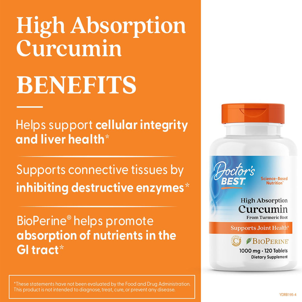 Doctor's Best Curcumin C3 Complex capsules on table suggest convenient daily use