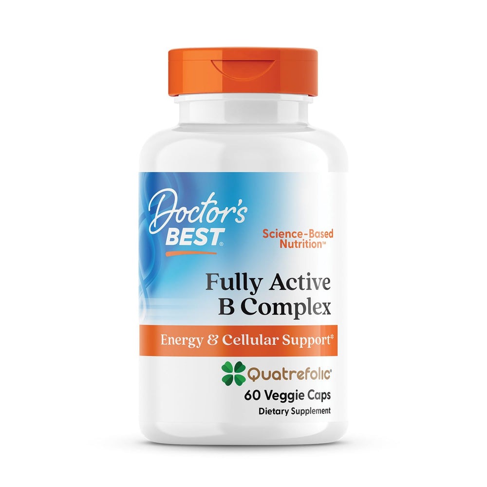 Bottle of Doctor's Best Fully Active B Complex capsules on white background