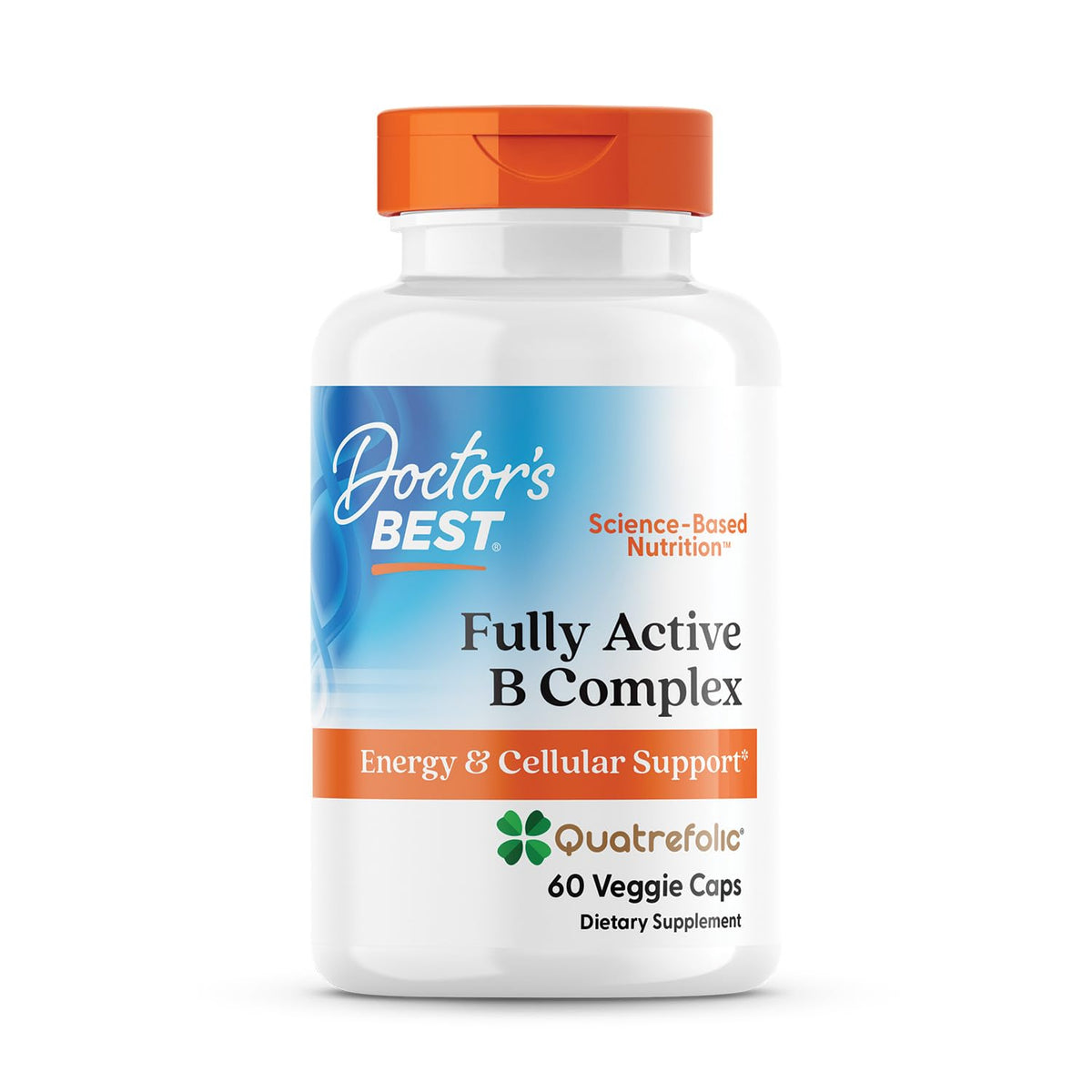 Bottle of Doctor's Best Fully Active B Complex capsules on white background
