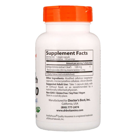 Label of Doctor's Best Ginkgo biloba extract showing standardized 24% flavone glycosides and 6% terpene lactones