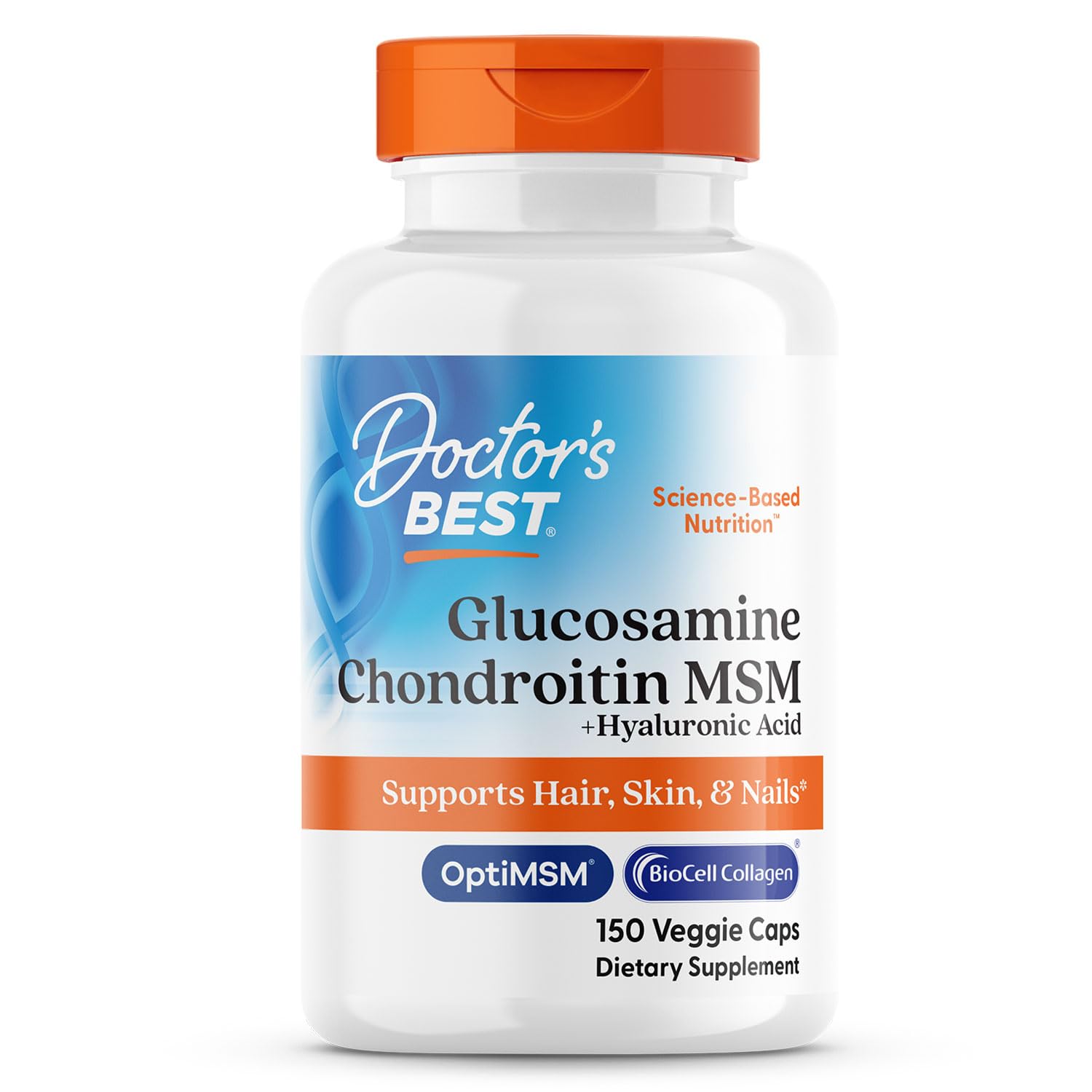 Bottle of Doctor's Best Glucosamine Chondroitin MSM + Hyaluronic Acid with OptiMSM and Biocell Collagen