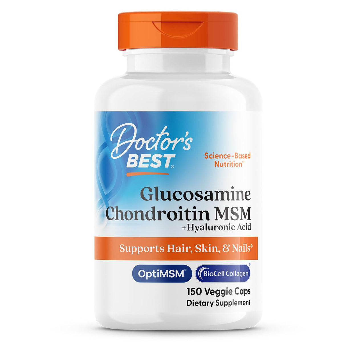 Bottle of Doctor's Best Glucosamine Chondroitin MSM + Hyaluronic Acid with OptiMSM and Biocell Collagen
