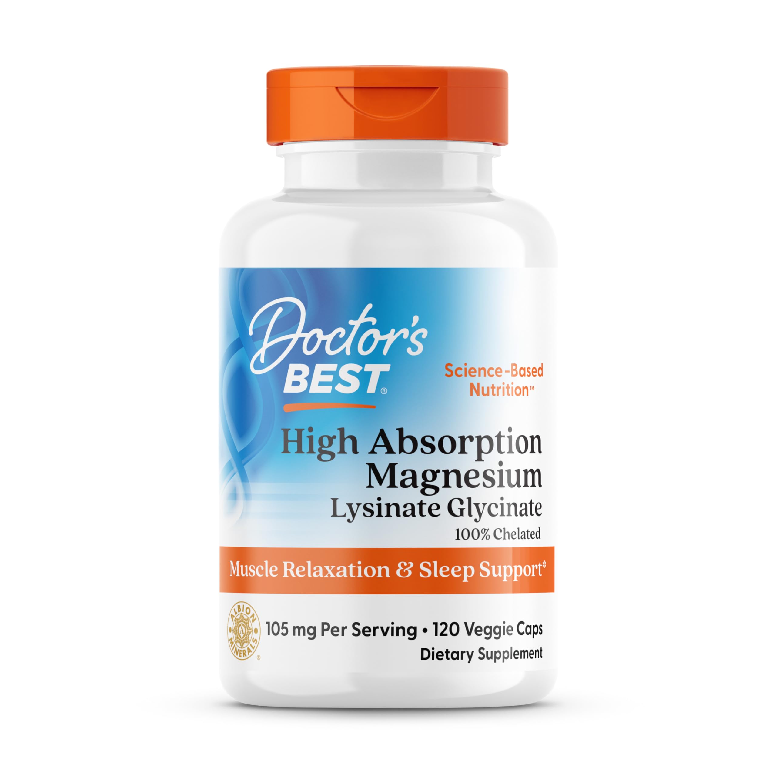Front of Doctor's Best High Absorption Magnesium Lysinate Glycinate 120 Ct bottle