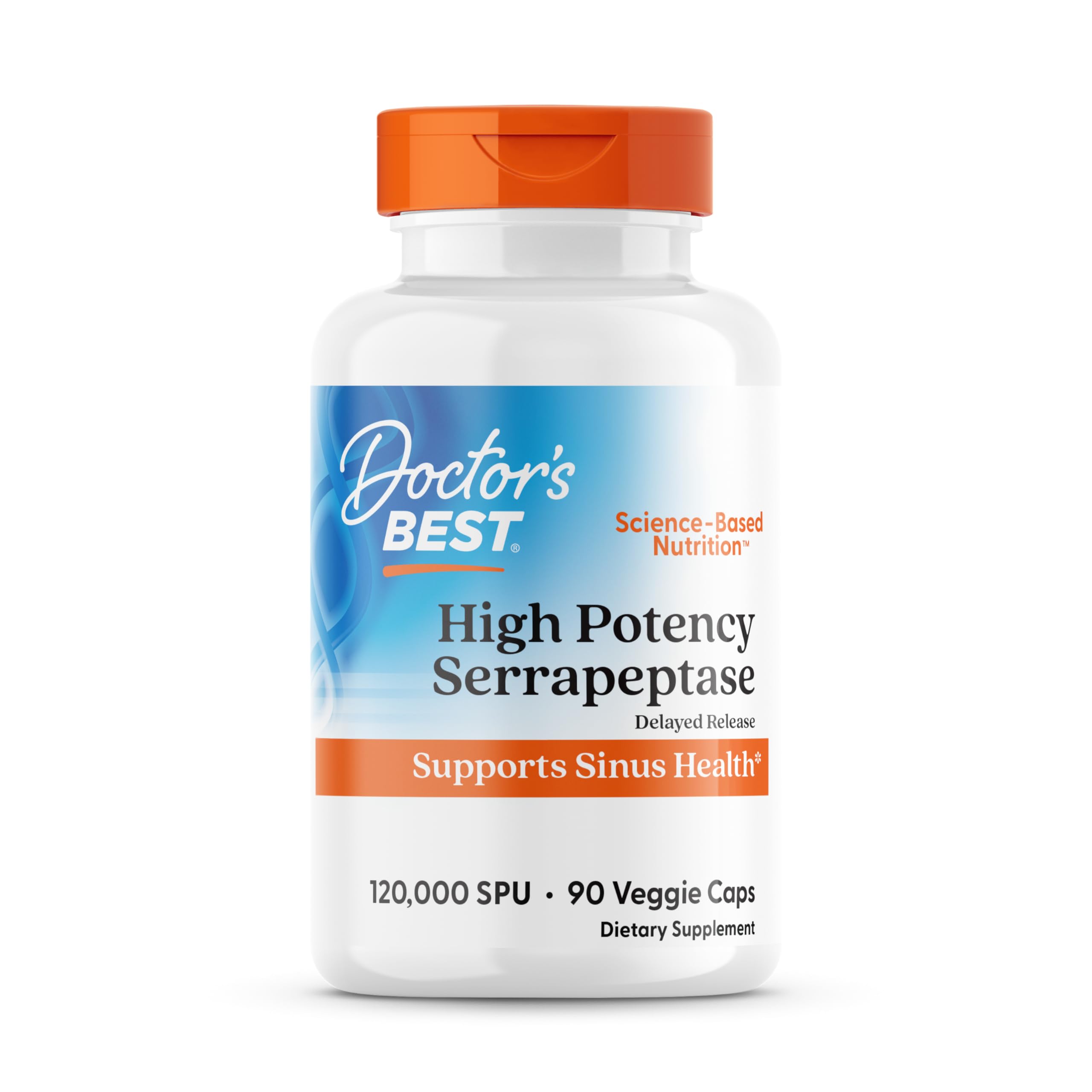 Doctor's Best High Potency Serrapeptase bottle with 90 vegan capsules for daily support.