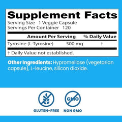 L-Tyrosine bottle with label and capsules