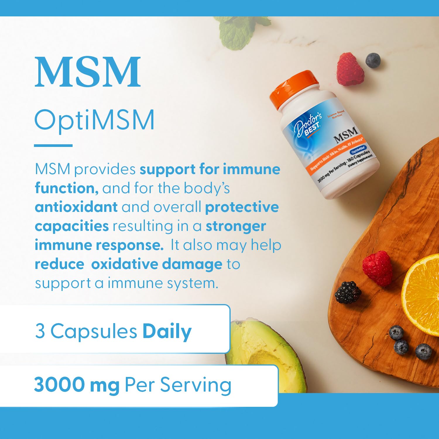 MSM capsules spilling from the Doctors Best MSM bottle