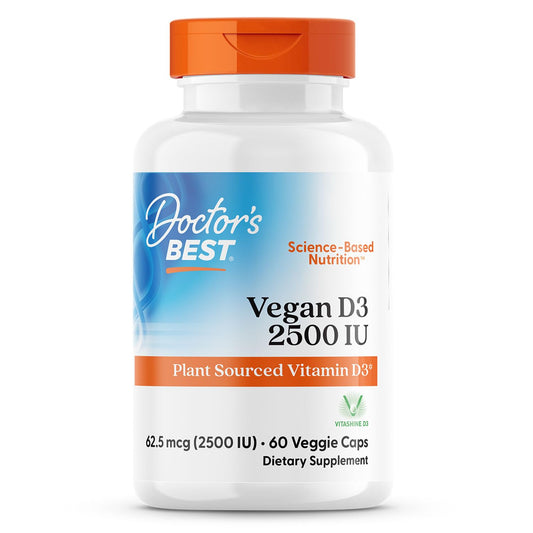 Front view of Doctors Best Vegan D3 2500 IU Vitashine bottle