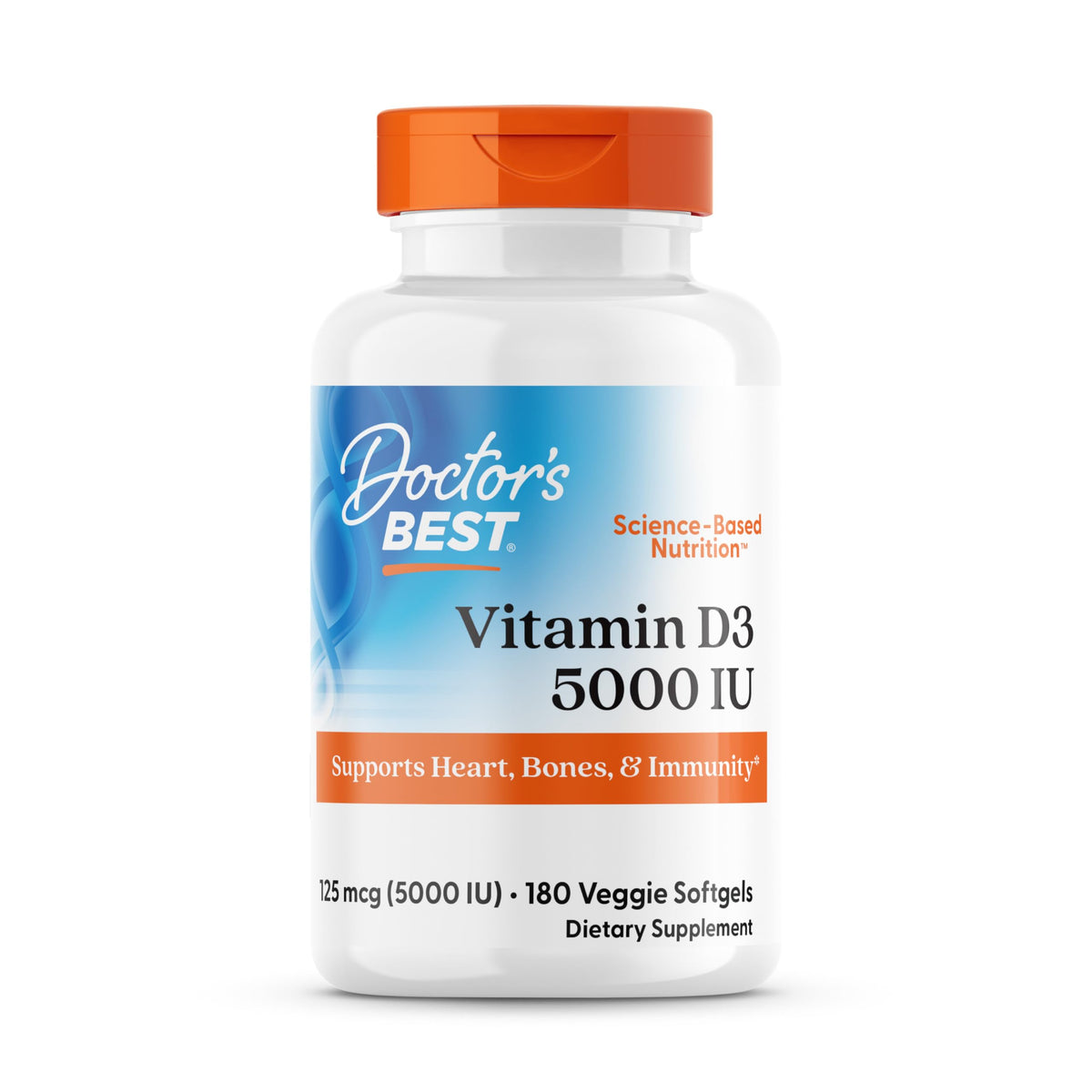 Bottle of Doctor's Best Vitamin D3 5000 IU with 180 veggie softgels