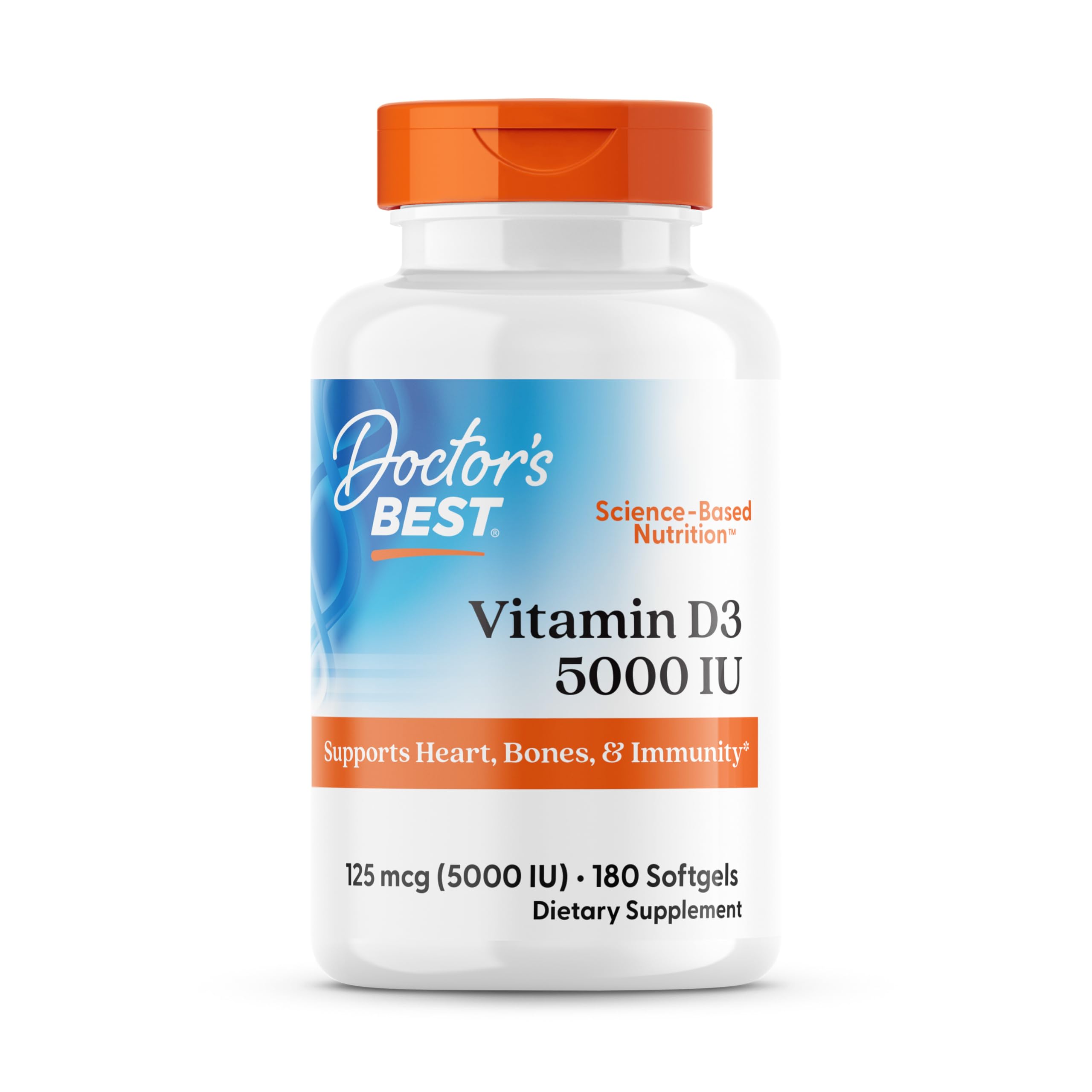 Front view of Doctor's Best Vitamin D3 5000IU white bottle, 180 count