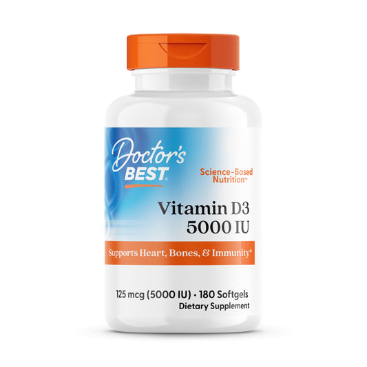 Front view of Doctor's Best Vitamin D3 5000IU white bottle, 180 count