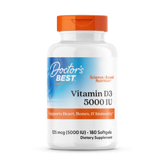 Front view of Doctor's Best Vitamin D3 5000IU white bottle, 180 count