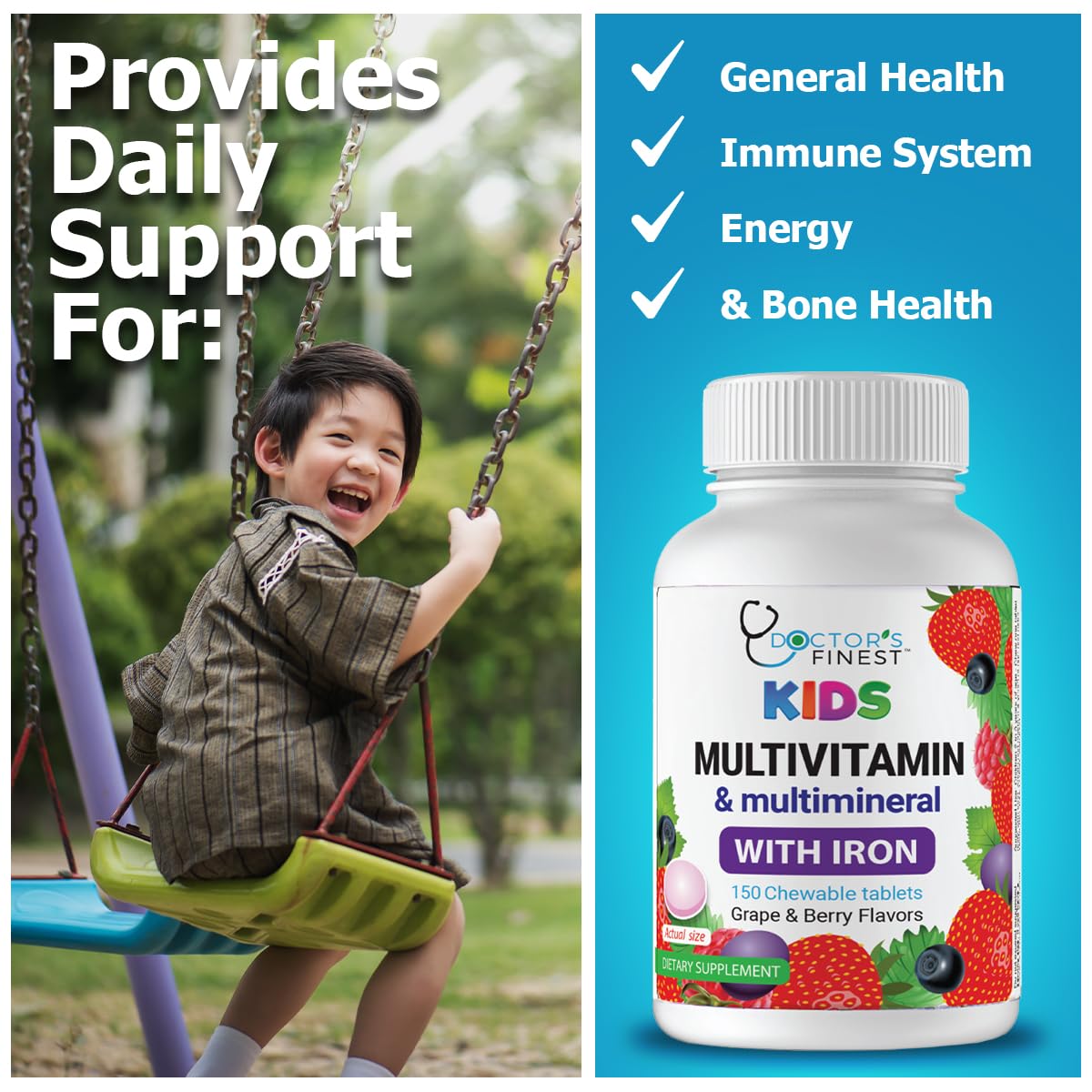 Close-up of grape and berry flavored chewable tablets from Doctor's Finest Kids Multivitamin