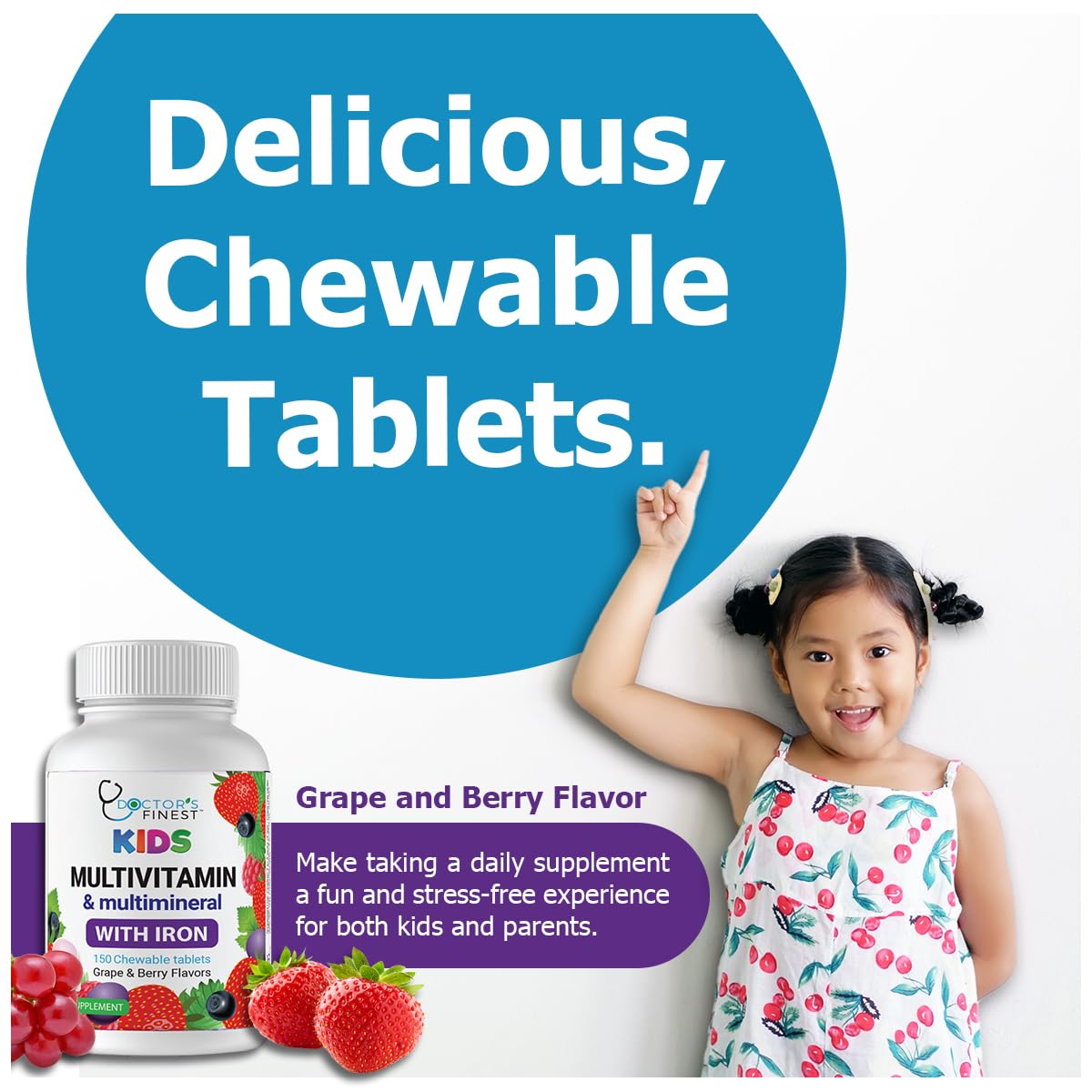 Label close-up highlighting vitamins and iron content on Doctor's Finest bottle