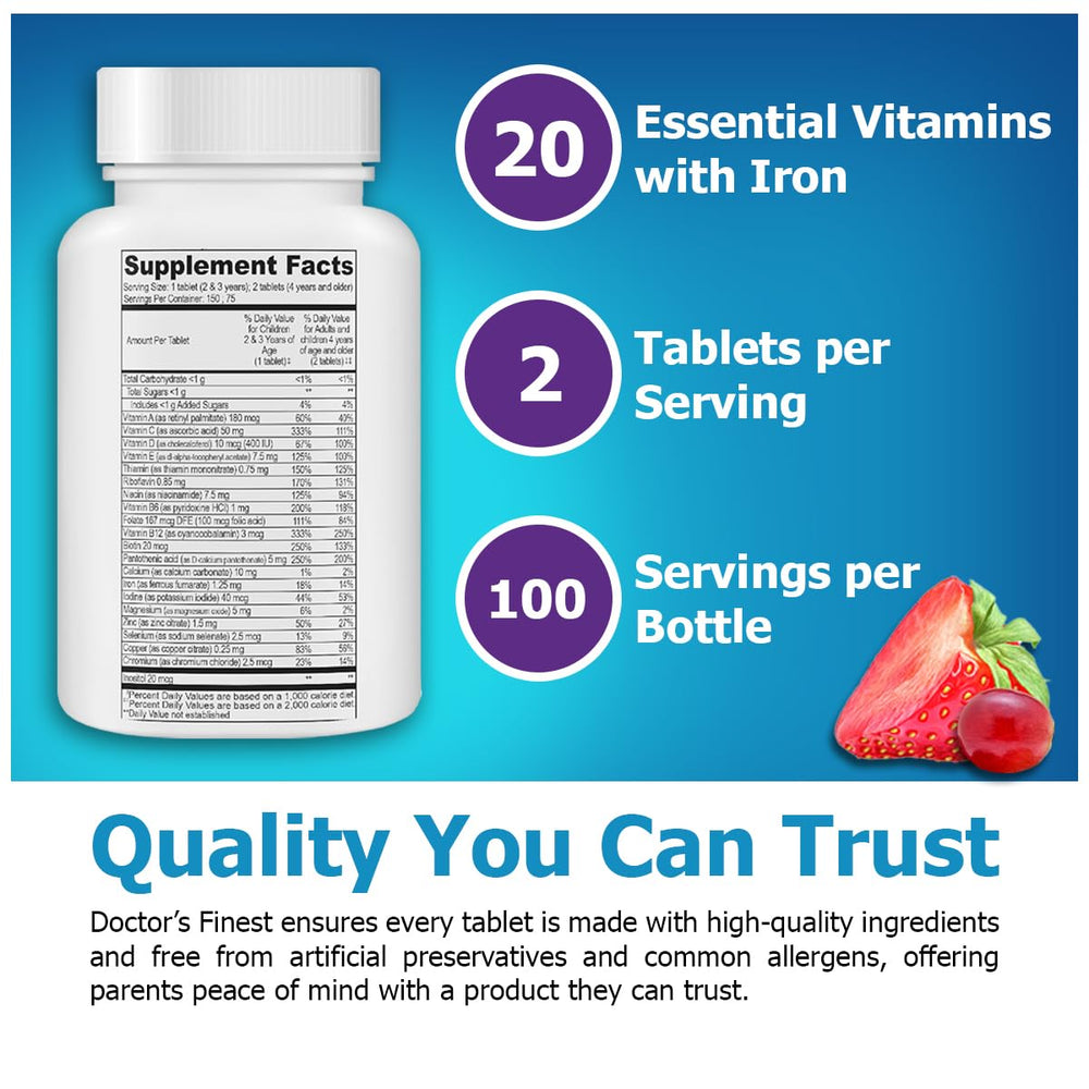 Back of bottle with directions and safety information for Doctor's Finest Kids Multivitamin