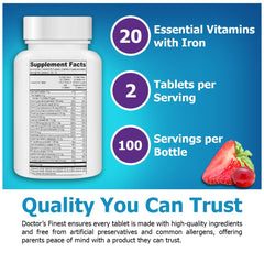 Back of bottle with directions and safety information for Doctor's Finest Kids Multivitamin