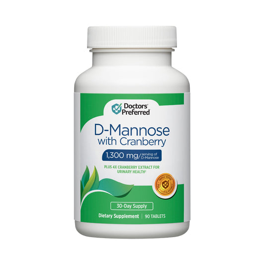 Bottle of DOCTORS' PREFERRED D-Mannose 1300 mg with Cranberry 500 mg vegan tablets
